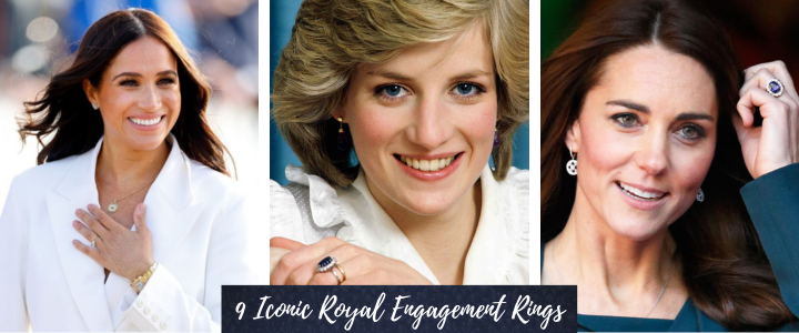 collage of Megan Markle, Princess Diana and Kate Middleton all waring their royal engagement rings