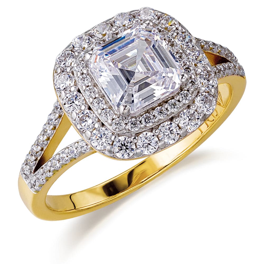 Asscher Double Halo Ring 18ct Gold Clad